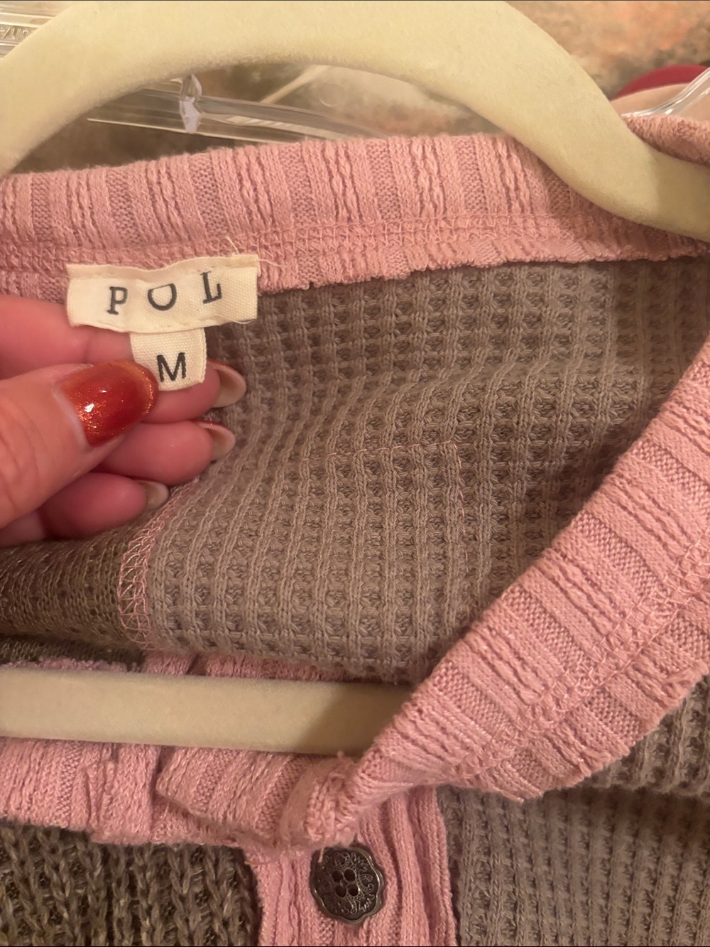 POL Patchwork Waffle-Knit Sweater in Olive & Pink - Picture 7 of 8